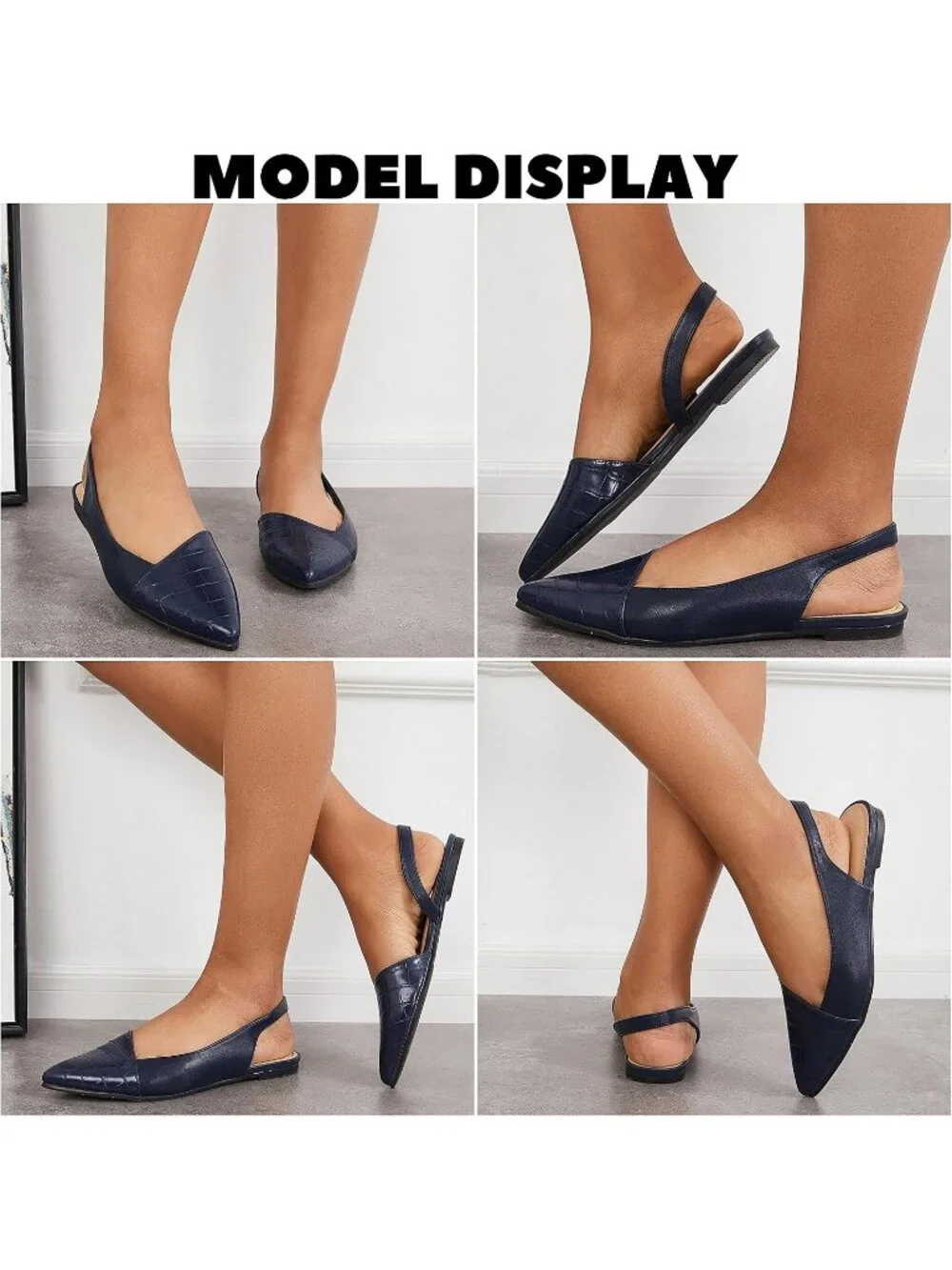 Women's Navy Closed Pointed Toe Flats Slip on Cutout Animal Print Mules Sandals